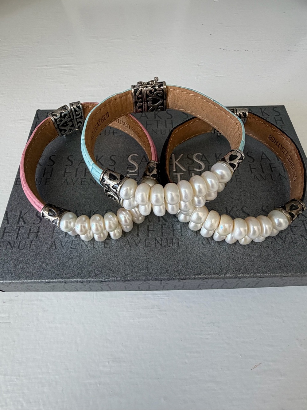 Saks Fifth Avenue Pearl & Leather Bracelet Set - Pink, Blue, Black